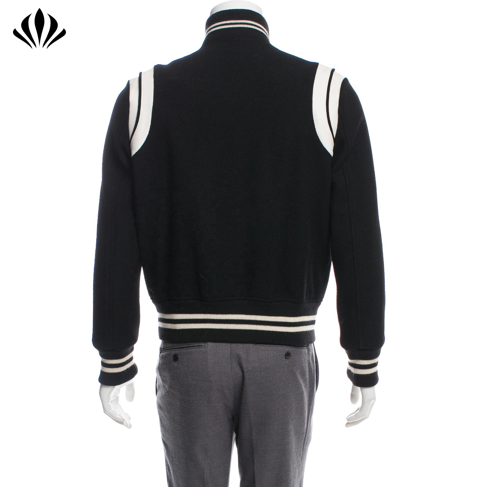 Wholesale factory leather trimmed jacket wool blend custom Unisex bomber jacket with striped ribbing