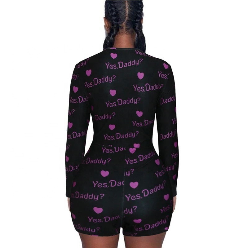 Custom Long Sleeve Bodysuit Yes Daddy Printing Sexy Pajamas Summer Adult V-neck Jumpsuit Onesie for Women