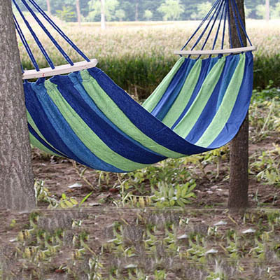 Wholesale Outdoor Canvas Hammock Swing Nylon Red Strip Blue Strip Curved Stick Anti-rollover Hammock