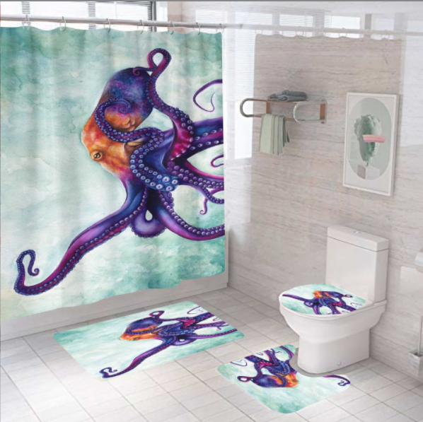 Custom octopus polyester waterproof digital printed 3d bathroom bath sets curtain with shower curtain and rugs designer