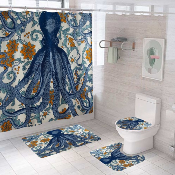 Custom octopus polyester waterproof digital printed 3d bathroom bath sets curtain with shower curtain and rugs designer