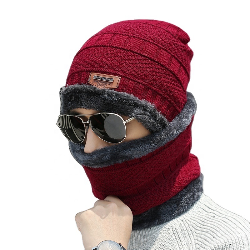 Top Quality Winter Outdoor Thick Pure Colours 2-pieces winter beanie hat scarf set warm knit