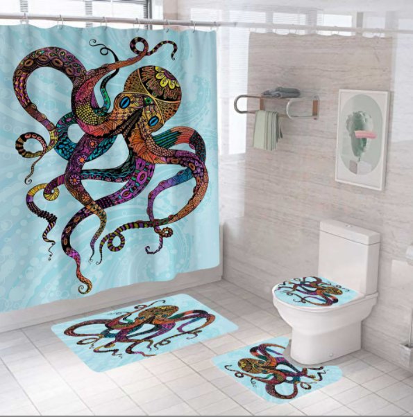 Custom octopus polyester waterproof digital printed 3d bathroom bath sets curtain with shower curtain and rugs designer