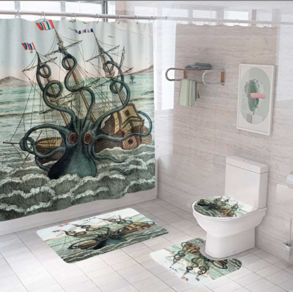 Custom octopus polyester waterproof digital printed 3d bathroom bath sets curtain with shower curtain and rugs designer