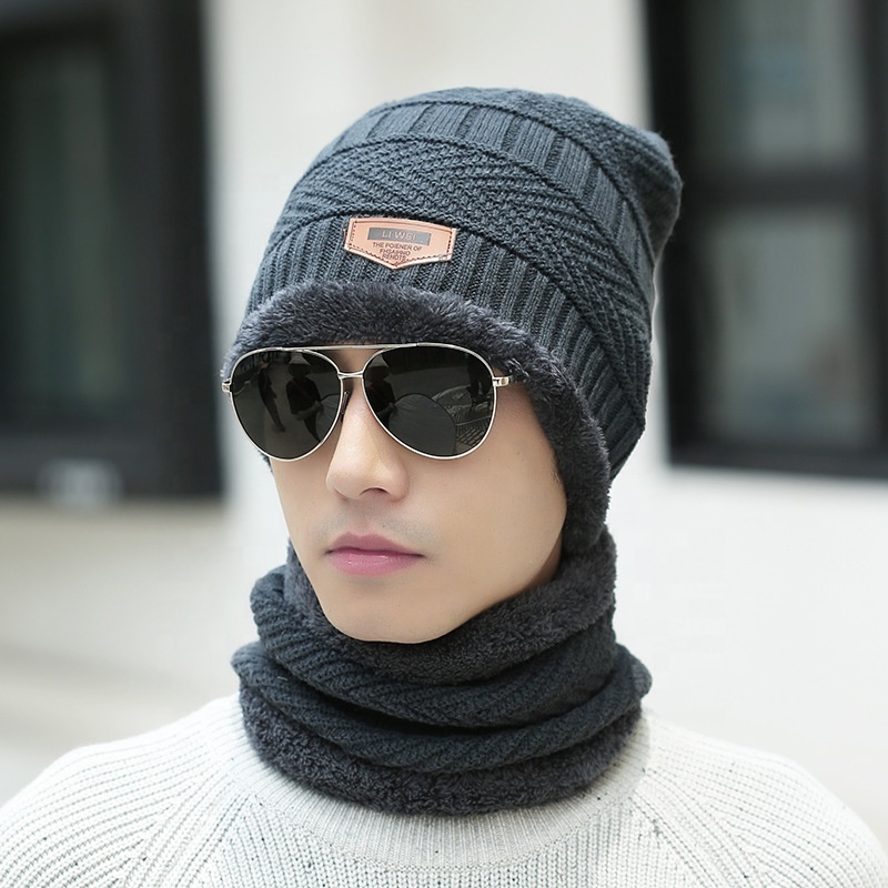 Top Quality Winter Outdoor Thick Pure Colours 2-pieces winter beanie hat scarf set warm knit