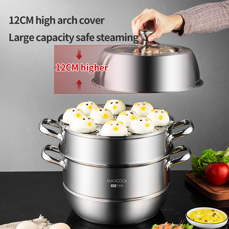 Hot Sale Maxcook  304 Stainless Steel 28cm Steamer 3-Layer Metal Food Steamer Pot for Cooking Kitchenware