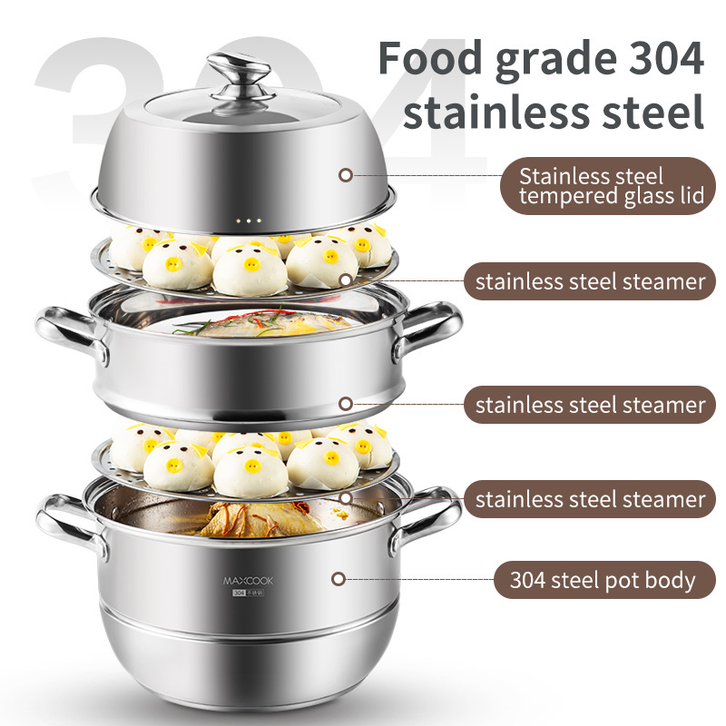 Hot Sale Maxcook  304 Stainless Steel 28cm Steamer 3-Layer Metal Food Steamer Pot for Cooking Kitchenware