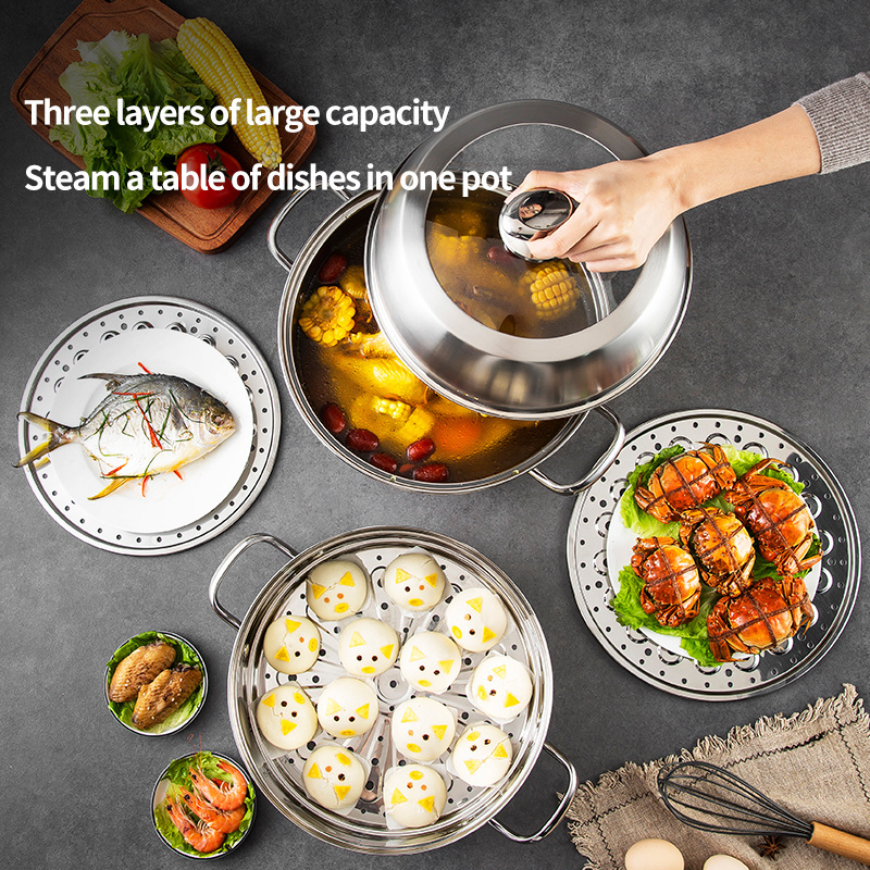 24/26/28 cm Custom Stainless Steel Kitchen Steam Pot Set with Glass Lid Food Grade Silver Metal for Cooking