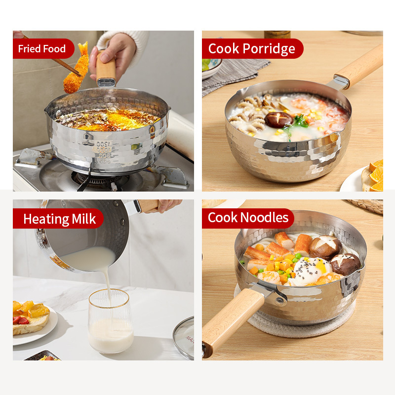 High Quality Wholesale Energy-saving Cookware 304 Stainless Steel Milk Pot with Acacia Wood Handle Nonstick Sauce Pan