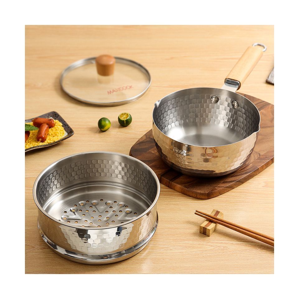 High Quality Wholesale Energy-saving Cookware 304 Stainless Steel Milk Pot with Acacia Wood Handle Nonstick Sauce Pan