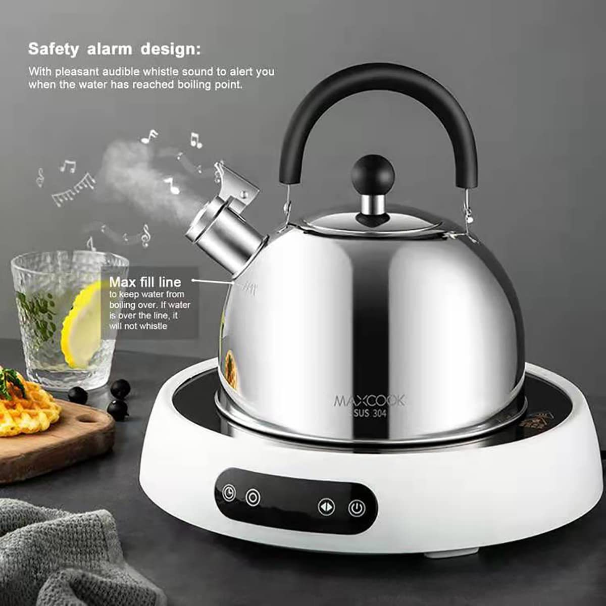 Maxcook  1.5L/2L/3L  Arabic Hot Sale Stainless Steel  Whistling Kettle Customized  Kitchen Metal Tea Pot  Tea Kettle