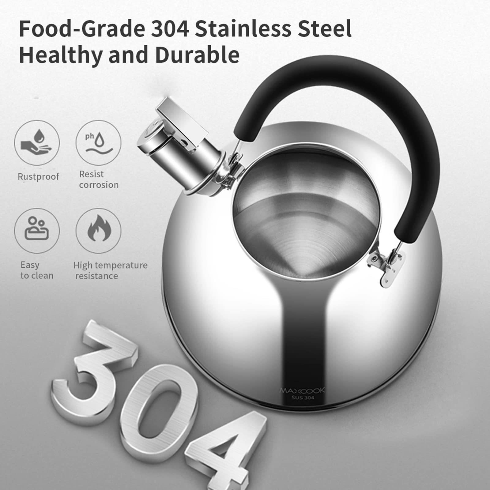 Maxcook  1.5L/2L/3L  Arabic Hot Sale Stainless Steel  Whistling Kettle Customized  Kitchen Metal Tea Pot  Tea Kettle