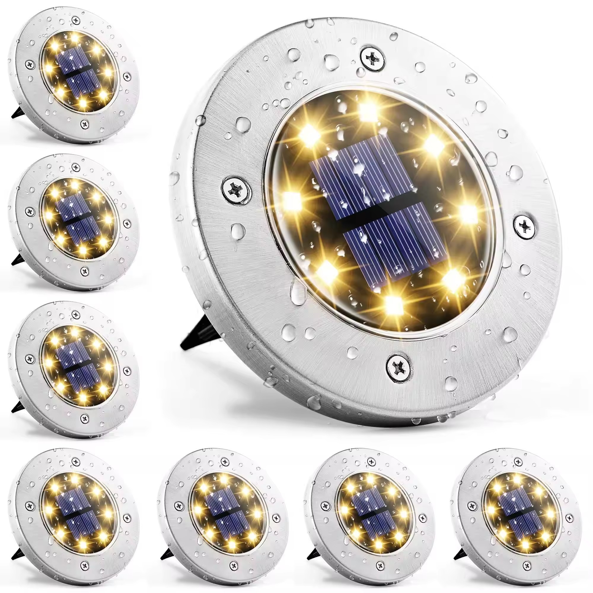 8-Pack IP44/IP67 Outdoor LED Disc Light 3000-3500K Color Temperature Waterproof Stainless Steel Battery Solar Garden Lights