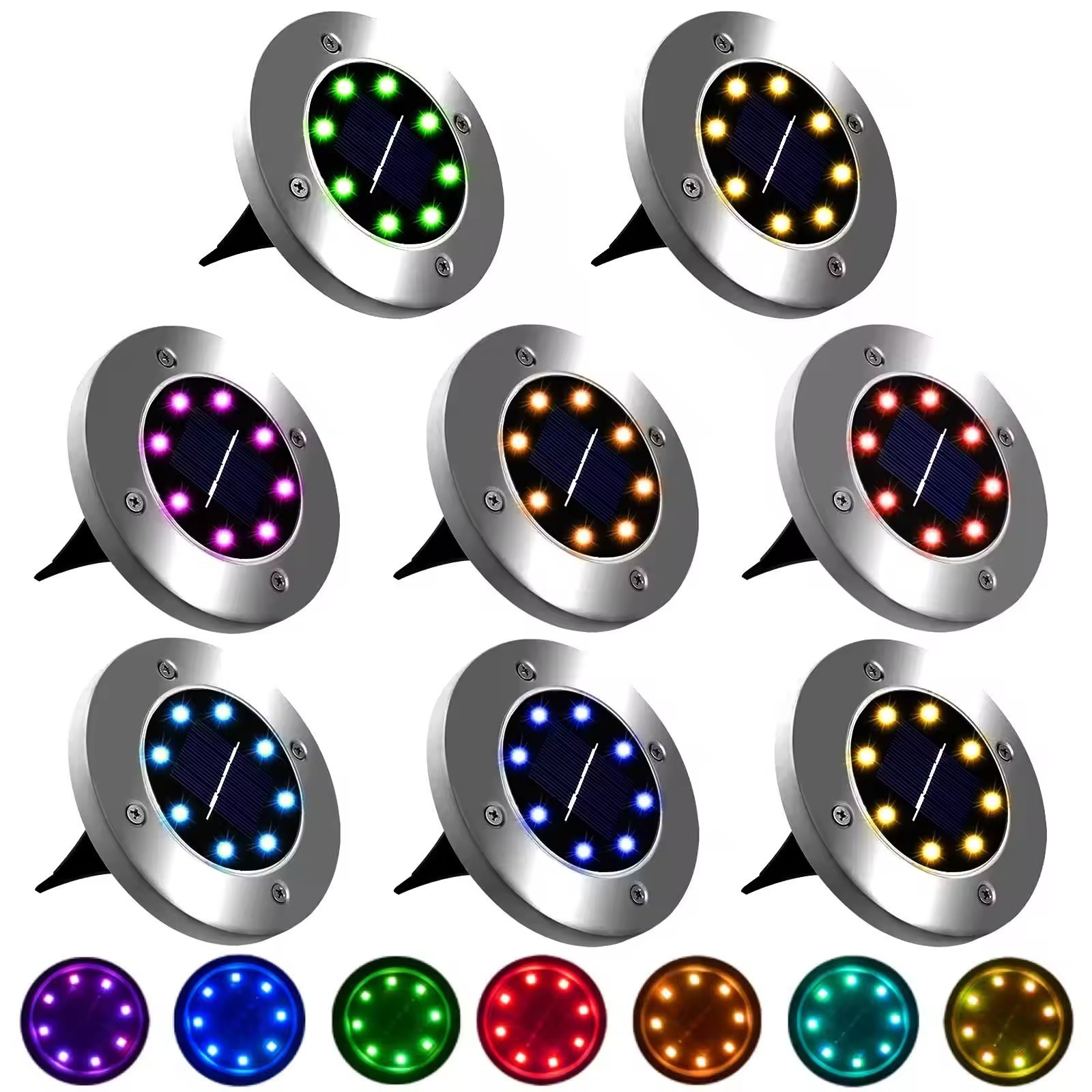 8-Pack IP44/IP67 Outdoor LED Disc Light 3000-3500K Color Temperature Waterproof Stainless Steel Battery Solar Garden Lights