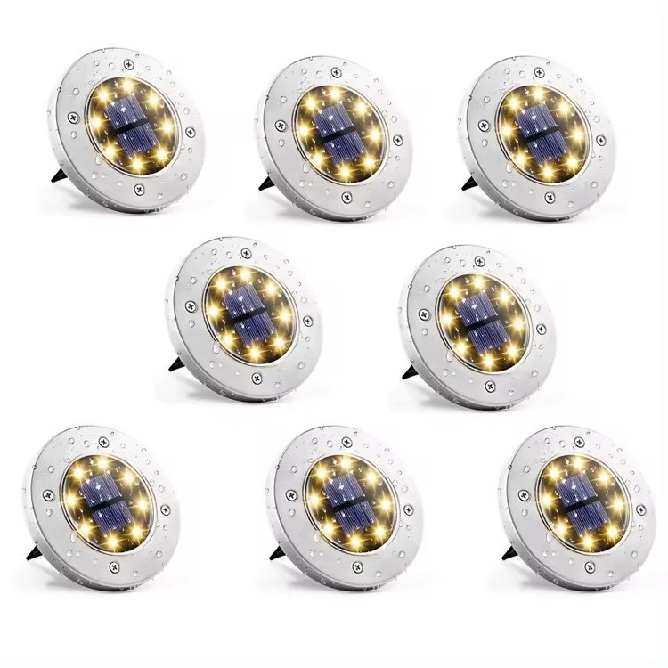 8-Pack IP44/IP67 Outdoor LED Disc Light 3000-3500K Color Temperature Waterproof Stainless Steel Battery Solar Garden Lights