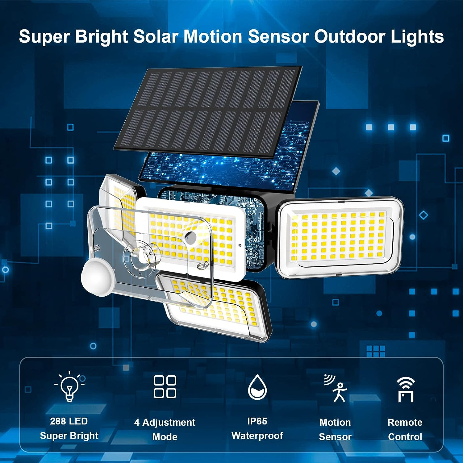 Outdoor solar lights, IP65 waterproof solar outdoor security lights with 2500LM, 4-head motion sensor outdoor lights with remote