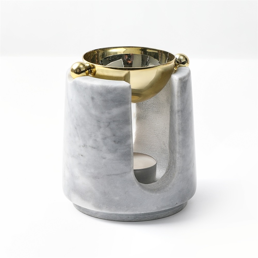 Nordic Real Marble Candle Holder Essential Oil Burner with Golden Brass Top Fragrance Diffuser Room Aromatherapy Soothe Sleep