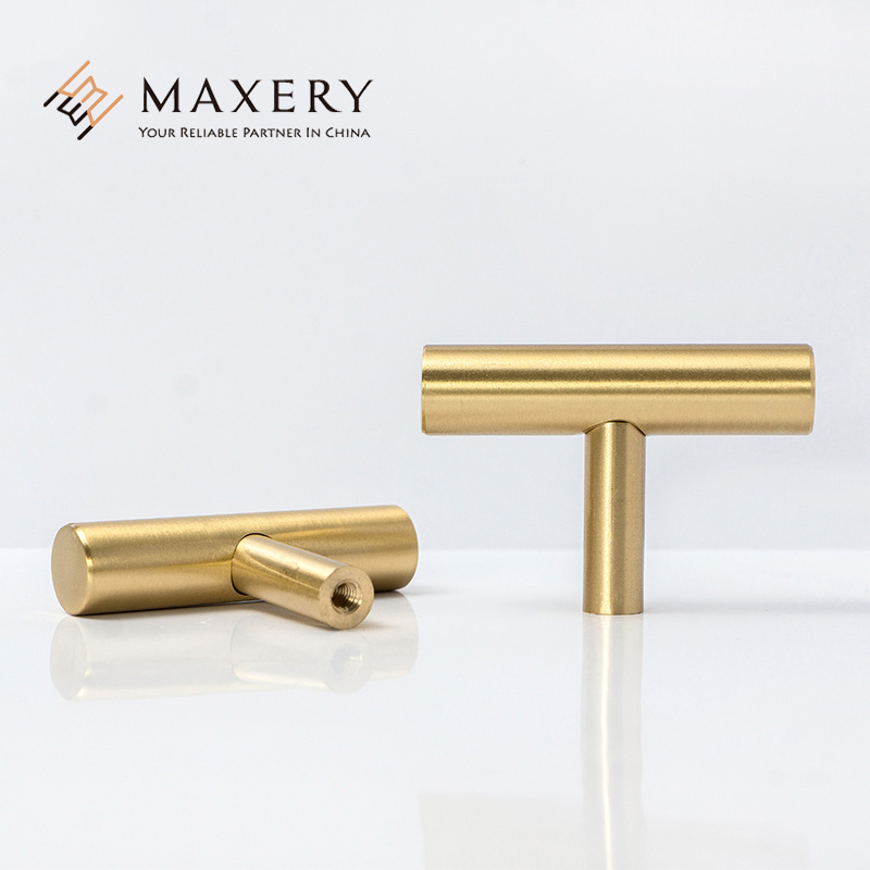 High Quality Brass T-Bar Handle Home Hardware Copper Knobs Gold pulls Wardrobe Handle Kitchen Handles