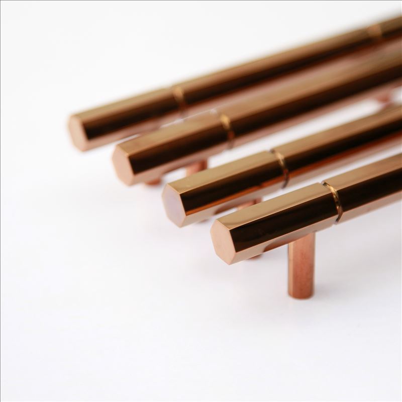 MAXERY Satin Copper (Rose Gold) Cabinet Hardware Euro Style Hexagonal Brass Bar Handle Pull - 96mm Hole Centers