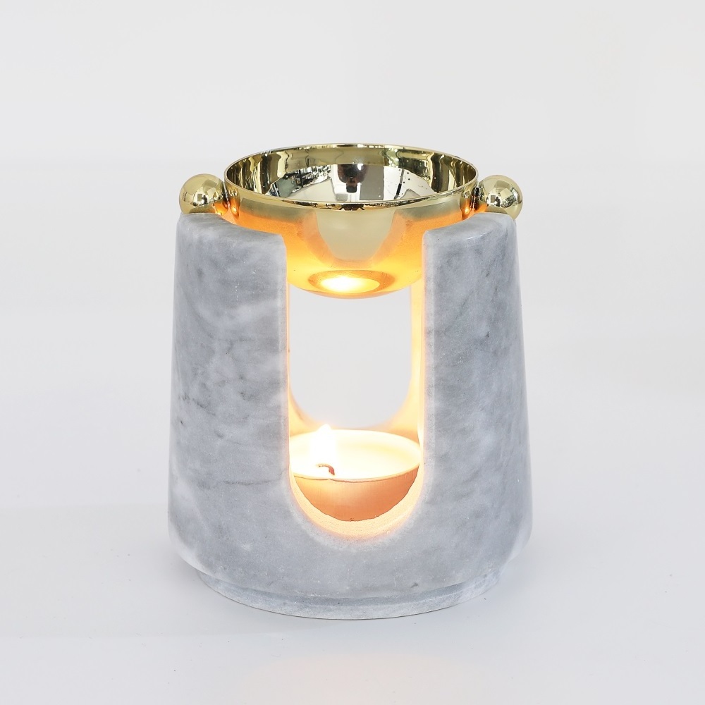 Nordic Real Marble Candle Holder Essential Oil Burner with Golden Brass Top Fragrance Diffuser Room Aromatherapy Soothe Sleep