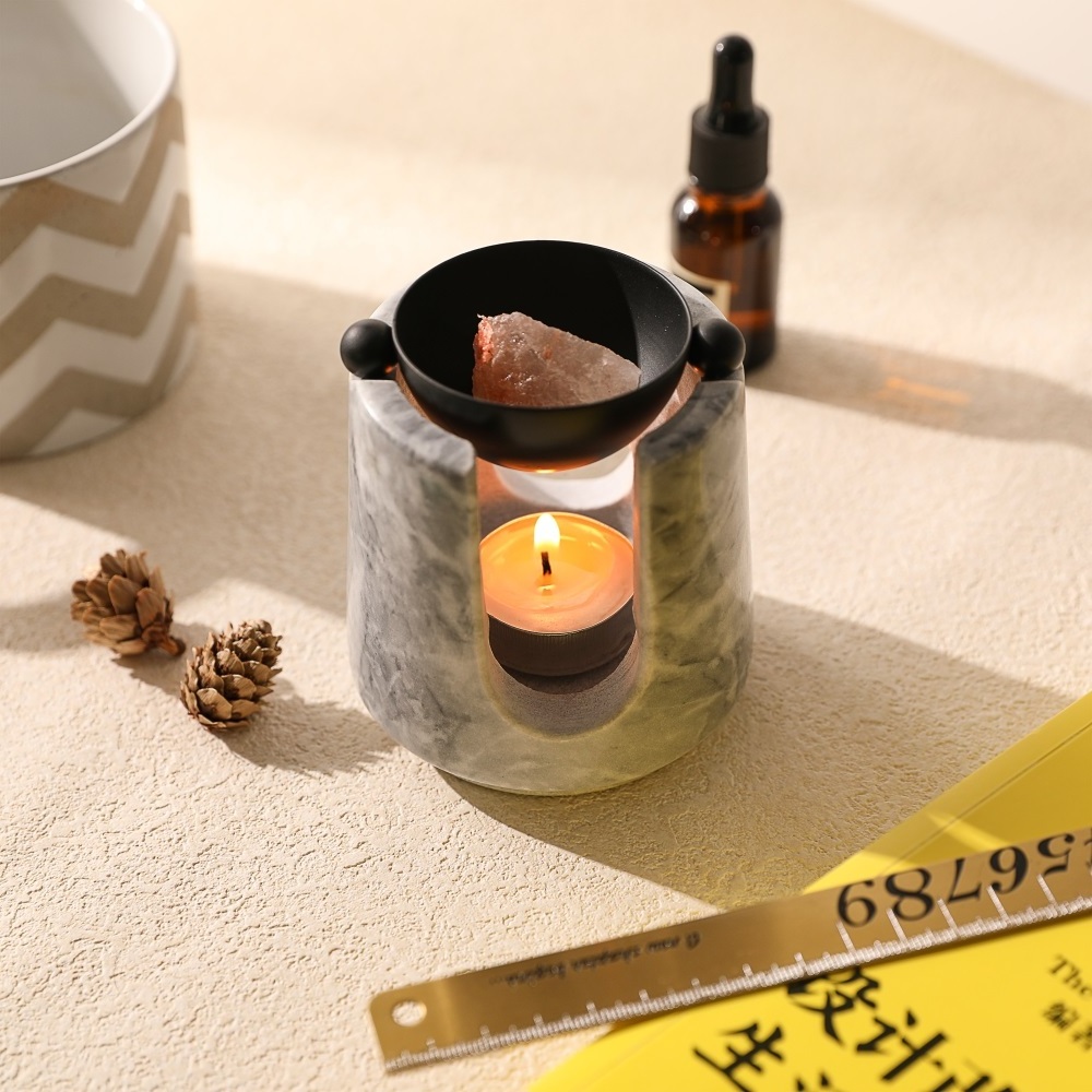 MAXER New Design Aroma Essential Oil Candle Burner Ceramic Oil Burner Wax Melt Warmer Brass and Marble Tea Light Holder