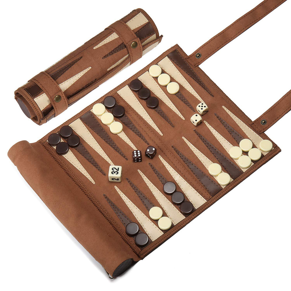 Factory Customized Leather Roll-Up Travel Backgammon Board Chess Board