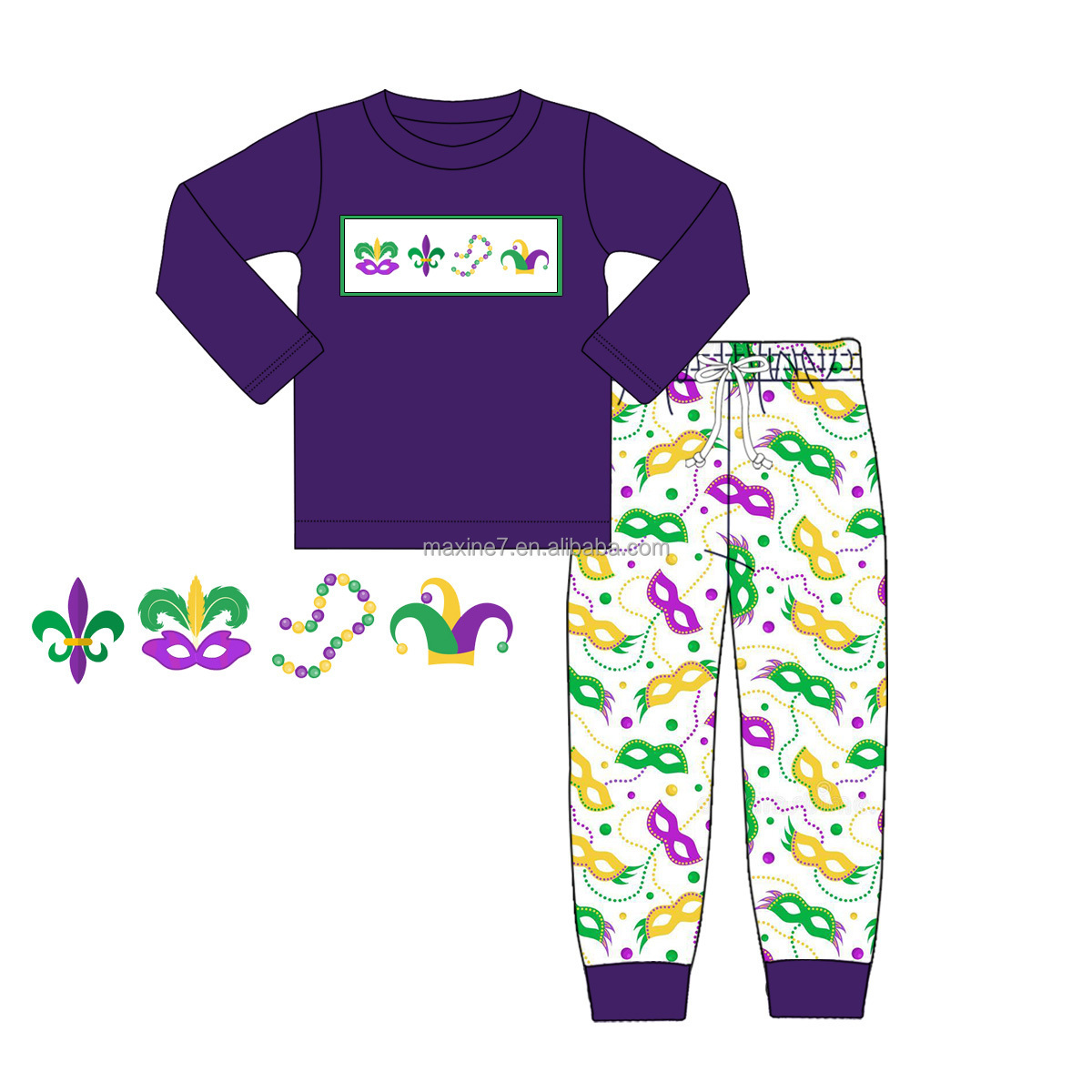 2023 Newest baby boy clothing custom printed spring mardi gras beads embroidery long sleeves shirt cotton boy clothes sets