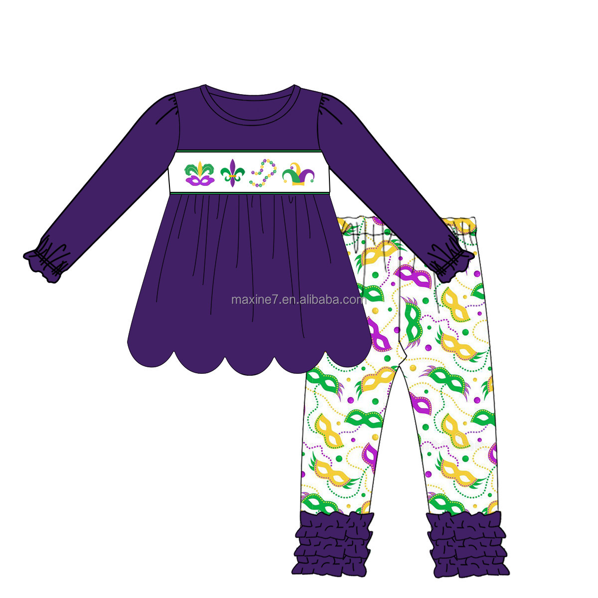 2023 Newest baby boy clothing custom printed spring mardi gras beads embroidery long sleeves shirt cotton boy clothes sets