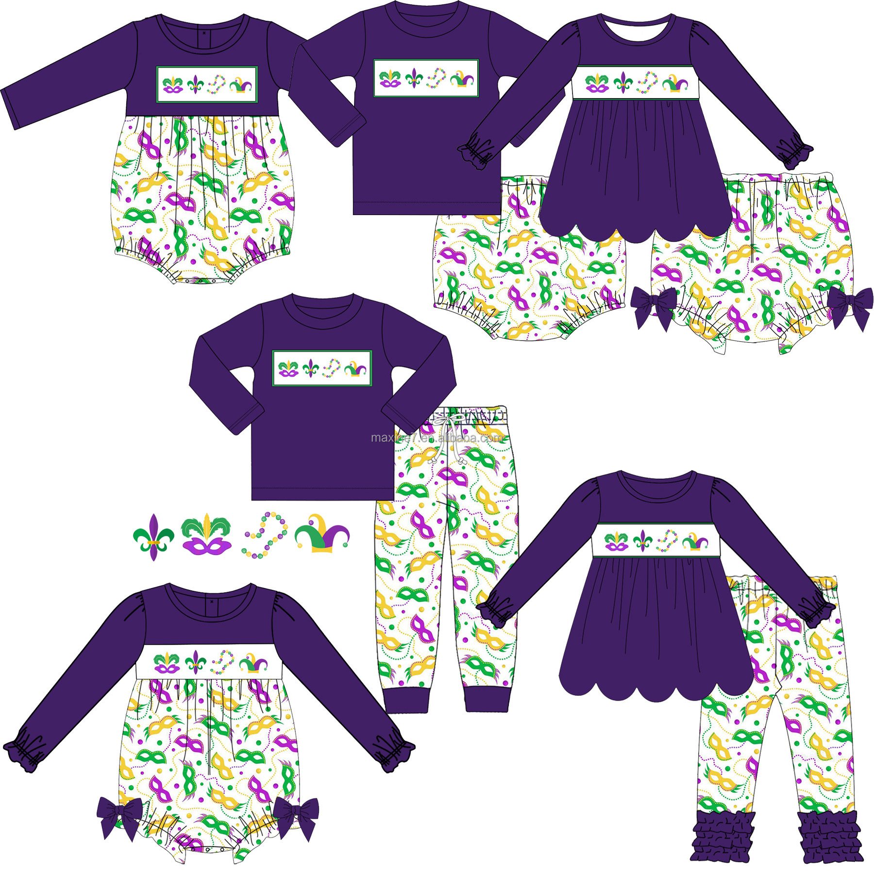 2023 Newest baby boy clothing custom printed spring mardi gras beads embroidery long sleeves shirt cotton boy clothes sets