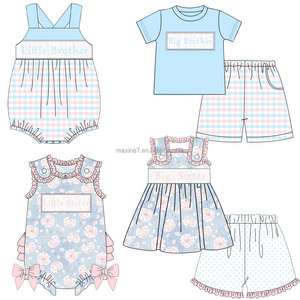 New arrival wholesale children's boutique clothing 2 pieces smocking girl sets big sister embroidery floral print girl outfits