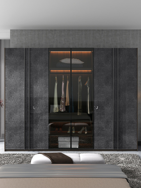 Postmodern Wardrobe Light Luxury Bedroom Wardrobe Combination Six Door High Gloss Glass Door Wardrobe