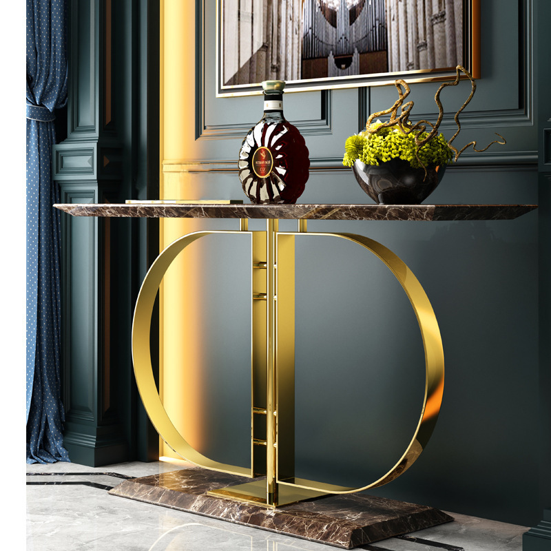 Italian style light luxury porch table stainless steel rock slab porch table modern minimalist home design gold console table