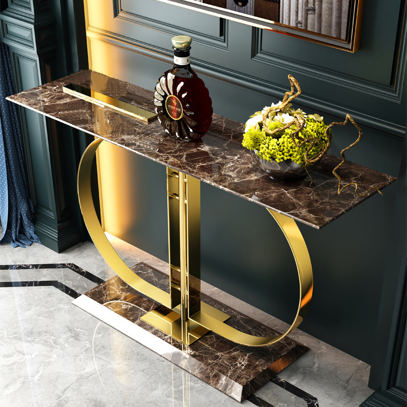 Italian style light luxury porch table stainless steel rock slab porch table modern minimalist home design gold console table