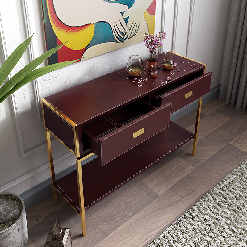 Light luxury gold console table modern living room decorative table stainless steel leather art cabinet dresser with drawers