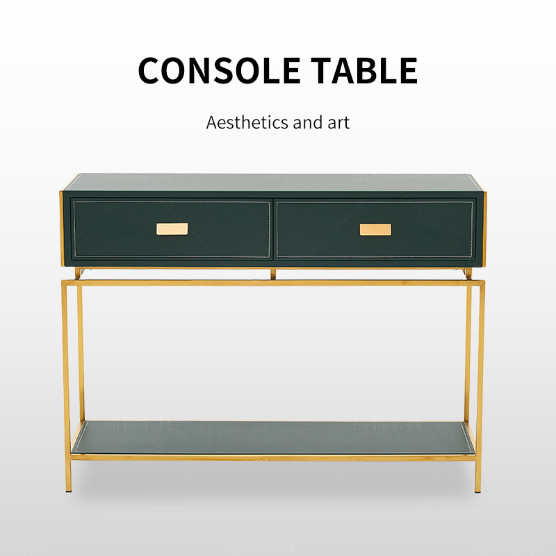 Light luxury gold console table modern living room decorative table stainless steel leather art cabinet dresser with drawers