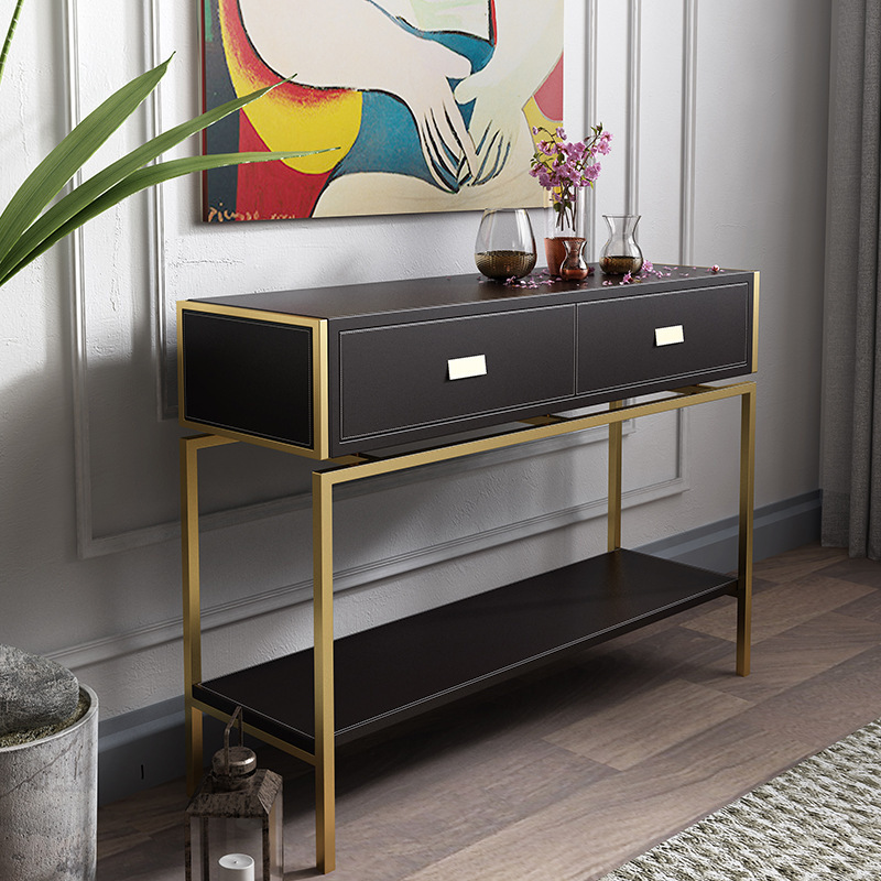 Light luxury gold console table modern living room decorative table stainless steel leather art cabinet dresser with drawers