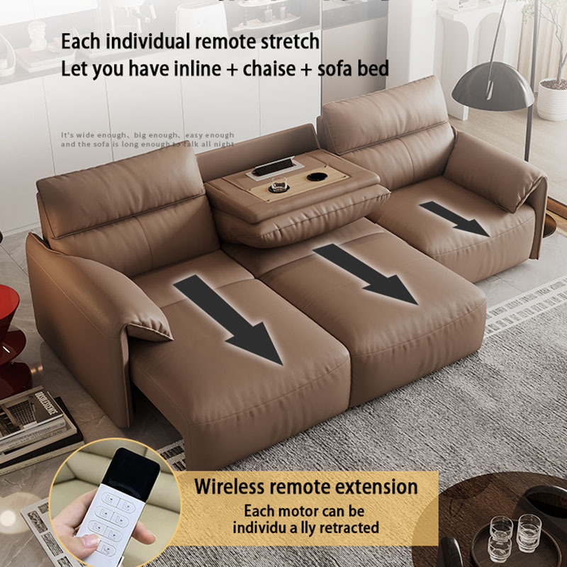 Electric leather sofa bed straight row three people retractable reclining dual-use intelligent elephant ear function sofa