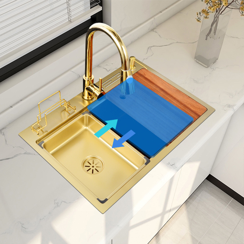 Ladder Brushed Gold Single Bowl Above Counter Hand Sink Without Faucet Home Farm Sink Stainless Steel Stepped Kitchen Sink