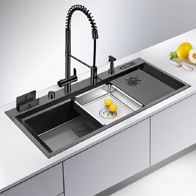 Black Nano Large Kitchen Sink Set with Multi-Functional Pullout Faucet SUS304 Stainless Sink with Cup Rinser modern sink