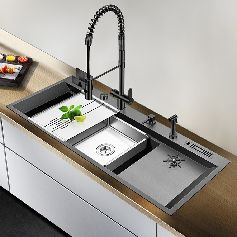 Black Nano Large Kitchen Sink Set with Multi-Functional Pullout Faucet SUS304 Stainless Sink with Cup Rinser modern sink