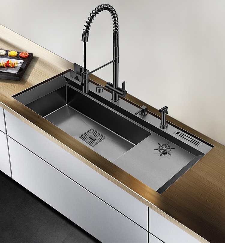 Black Nano Large Kitchen Sink Set with Multi-Functional Pullout Faucet SUS304 Stainless Sink with Cup Rinser modern sink