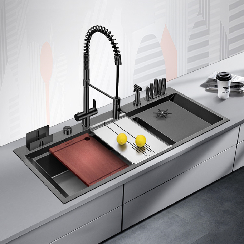 Black Nano Large Kitchen Sink Set with Multi-Functional Pullout Faucet SUS304 Stainless Sink with Cup Rinser modern sink