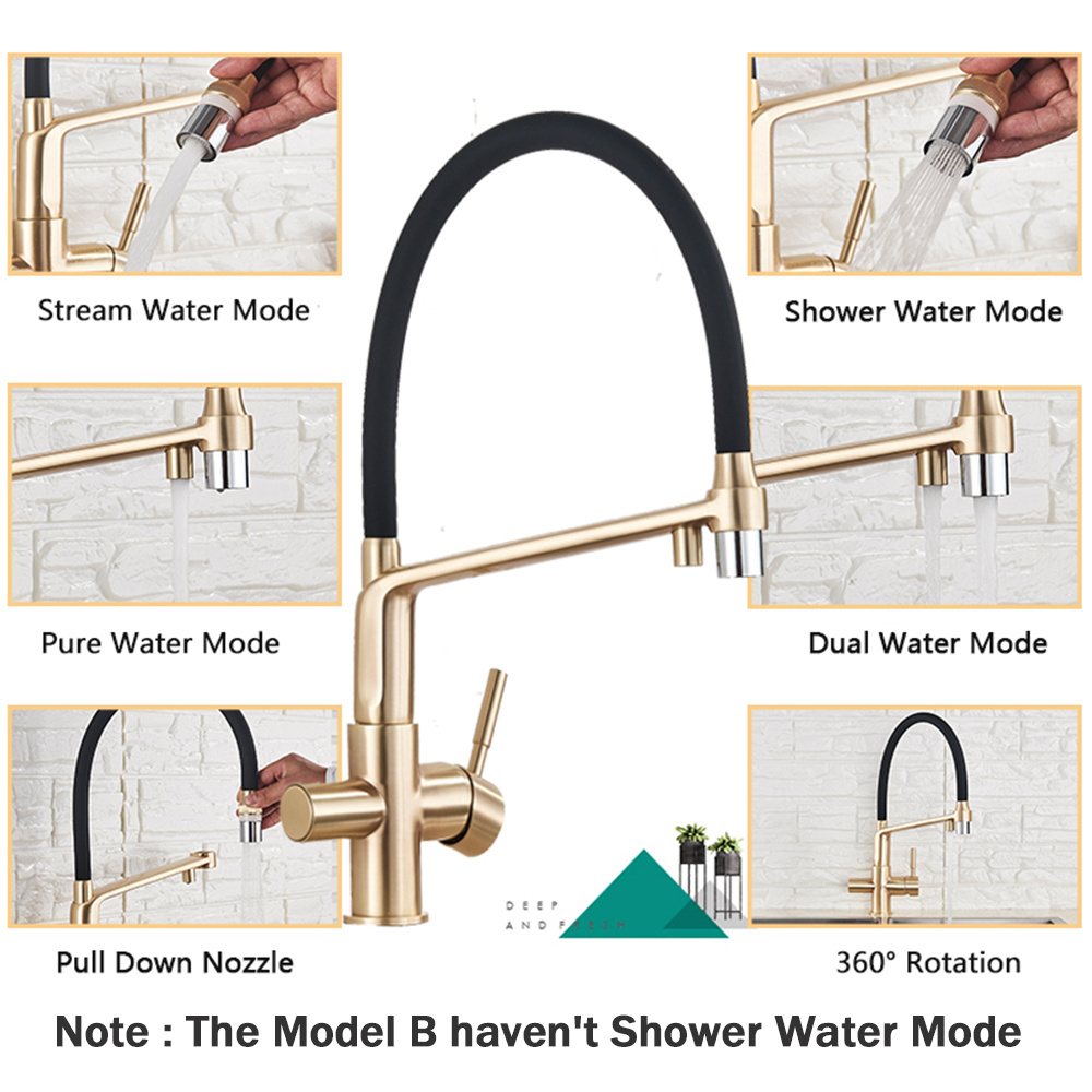 Filter Kitchen Faucet Brushed Gold 360 Swivel Pure Water Faucets for Kitchen Black Pull Down Purification Water Mixer Tap