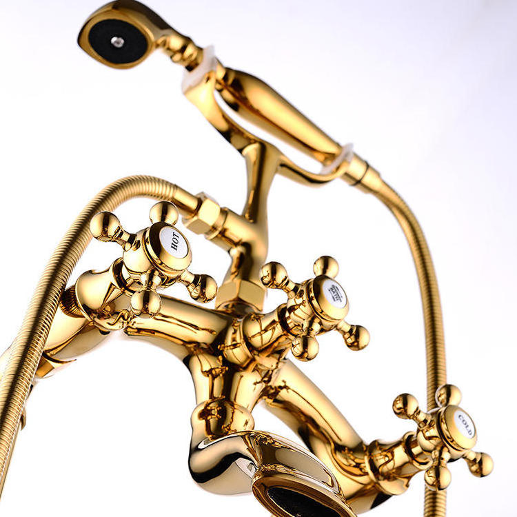 Luxury brass floor mounted clawfoot bathtub faucet set bathroom tub telephone shower design gold freestanding bathtub faucet