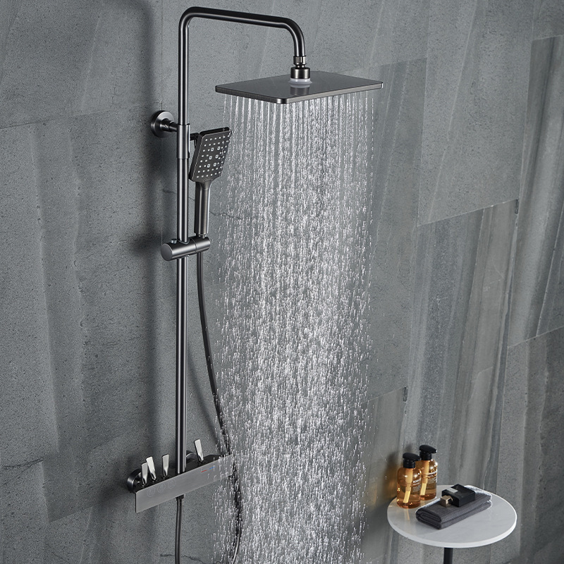 Light luxury gun gray pull-out button three-function bathroom bath shower faucet