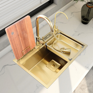 Ladder Brushed Gold Single Bowl Above Counter Hand Sink Without Faucet Home Farm Sink Stainless Steel Stepped Kitchen Sink