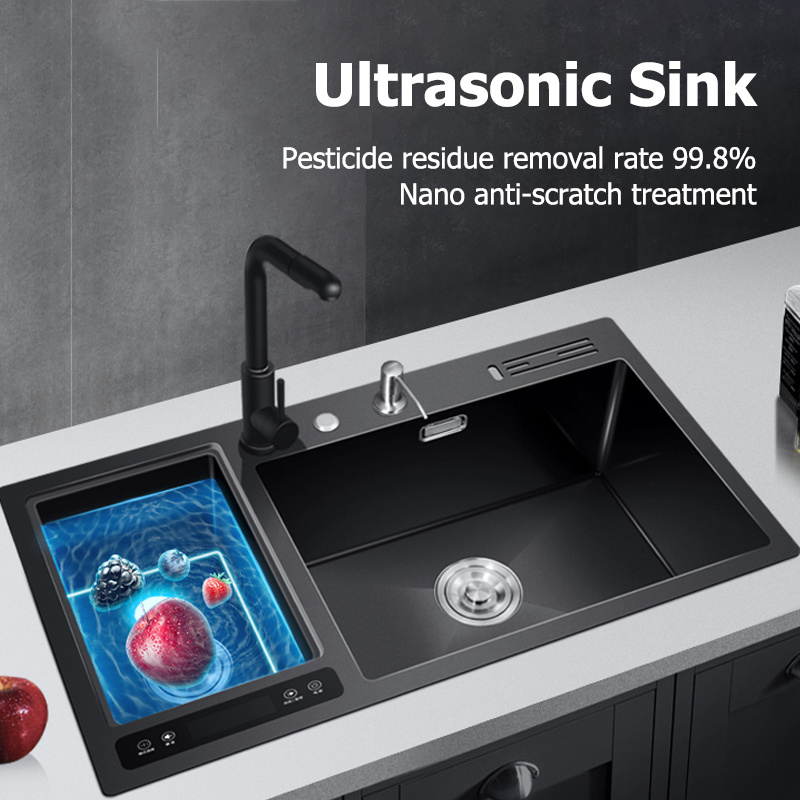 Handmade Smart Kitchen Sink Black 304 Stainless Steel Vegetable Ultrasonic Sink