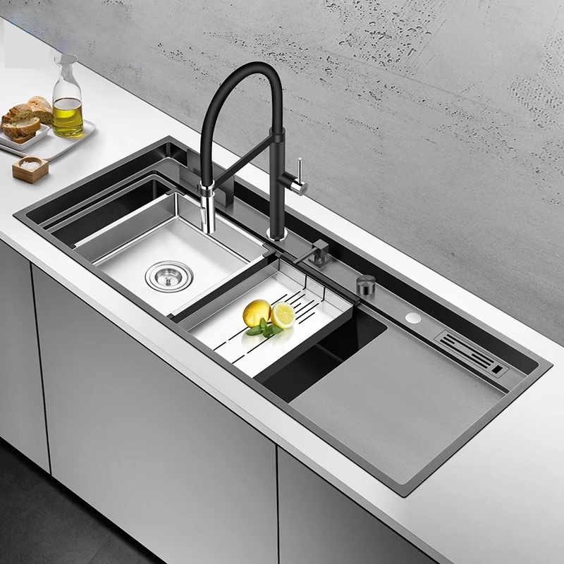 Fregaderd Kitchen Sink High-quality Handmade 360-degree Faucet with Smart Flip-top Control Hidden Sink Silver Carton Box Square