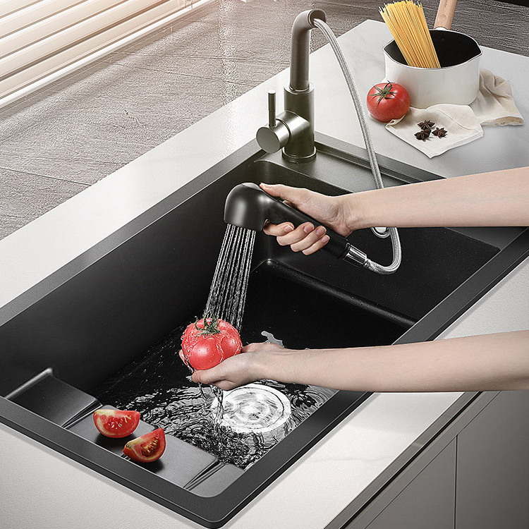 Multifunctional Quartz Stone Granite Black Kitchen Sink With Thawing Plate For Home