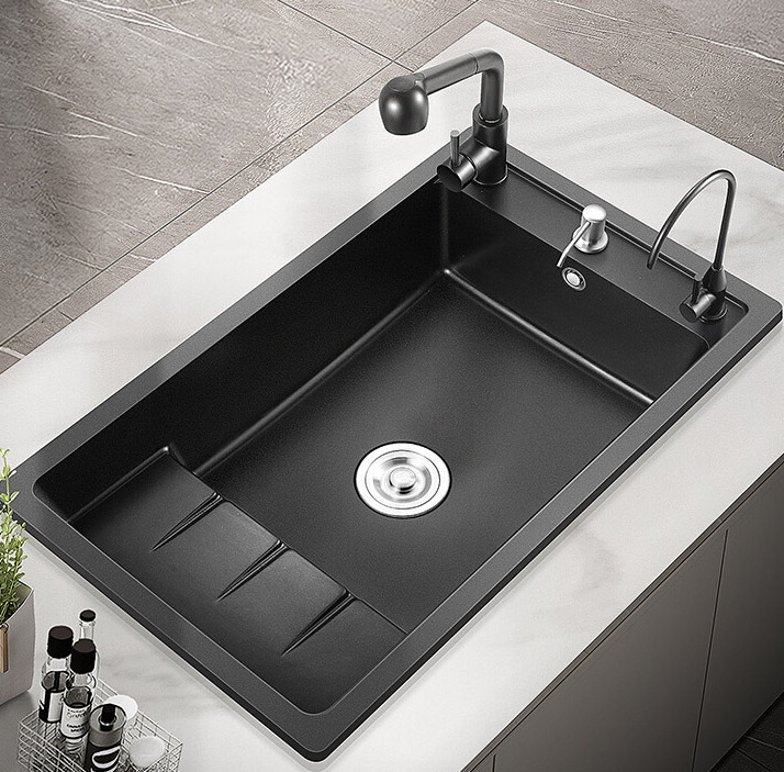 Multifunctional Quartz Stone Granite Black Kitchen Sink With Thawing Plate For Home